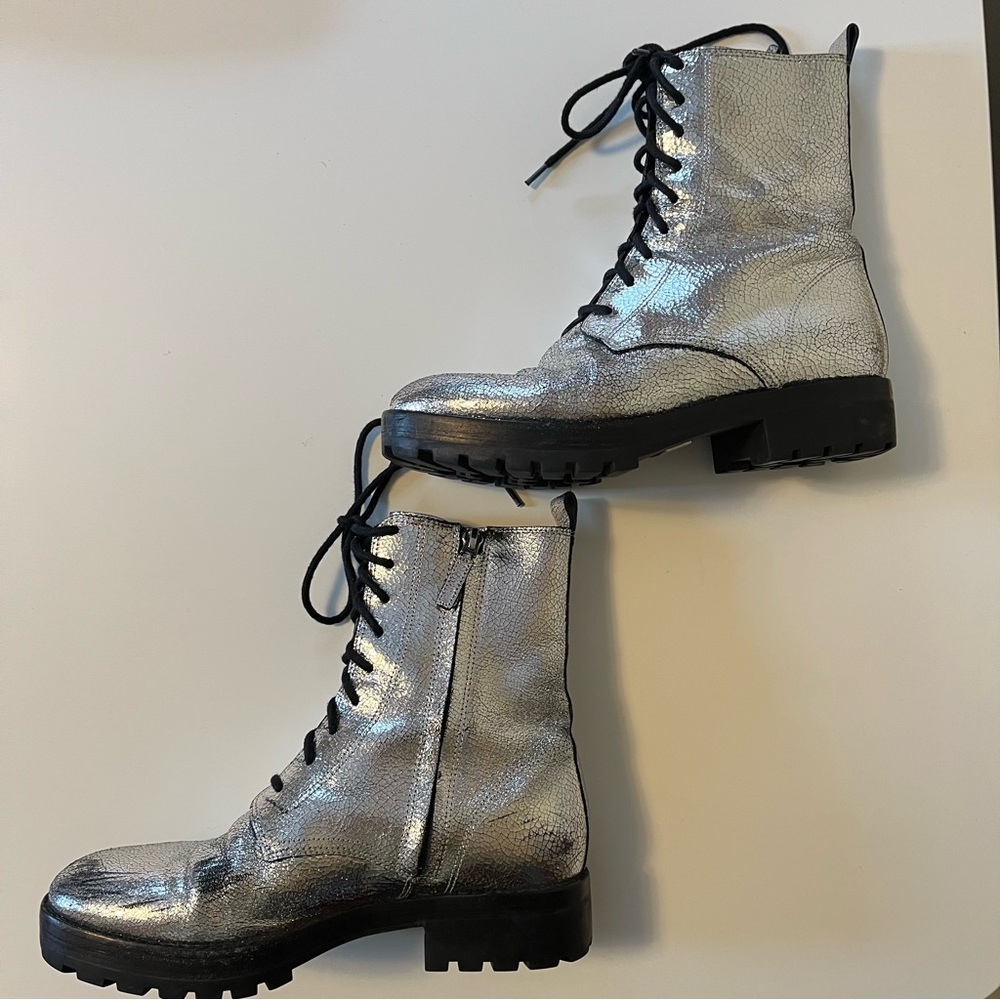 Michael Kors Collection Gita Crackled Silver Metallic Leather Combat Booties - Picture 7 of 13